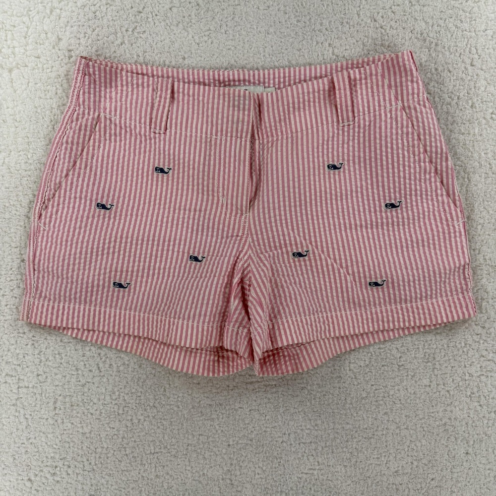 Vineyard Vines Shorts Womens 0 Pink Striped Seersucker‎ Whale Embroidered Chino